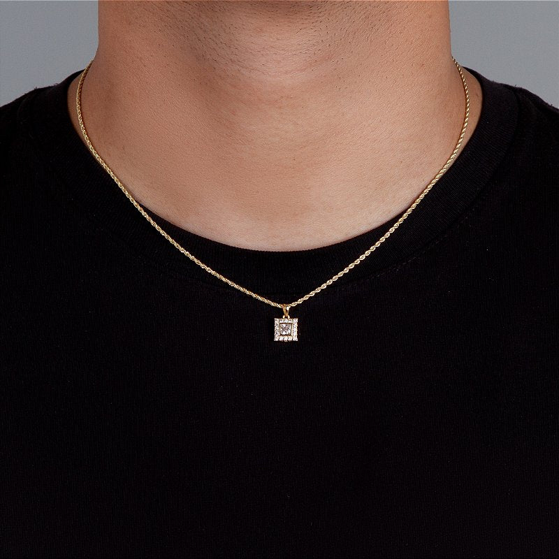 Corrente Cordão Baiano 1,6mm + Pingente Quadrado Cravejado Banhado A Ouro 18k COR003-PIN028