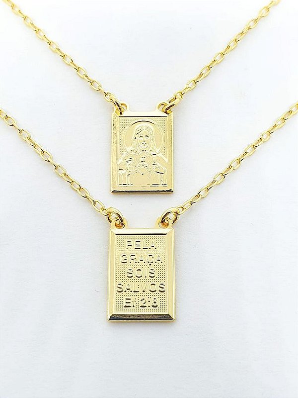 Escapulário Corrente Elo Cadeado Jesus-Nossa Senhora 10mmX14mm Banhado A Ouro 18k ESC009