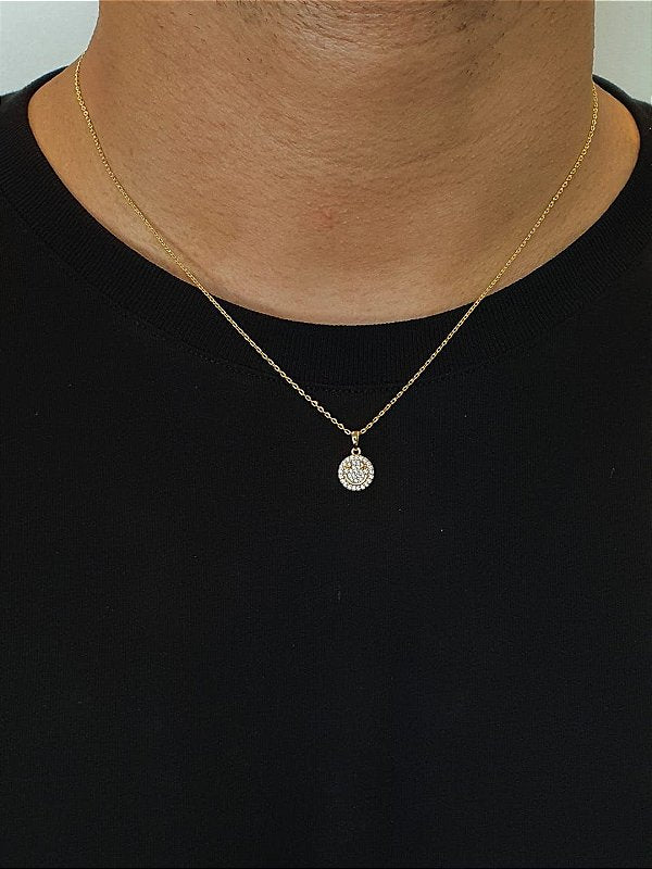 Corrente Elo Cadeado 1,2mm + Pingente Smile Redondo Cravejado Banhado A Ouro 18k COR026-PIN005