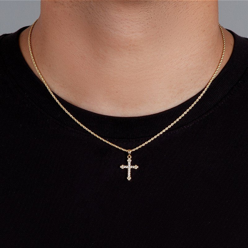 Corrente Cordão Baiano 1,6mm + Pingente Cruz Cravejada Palito Banhado A Ouro 18k COR003-PIN003