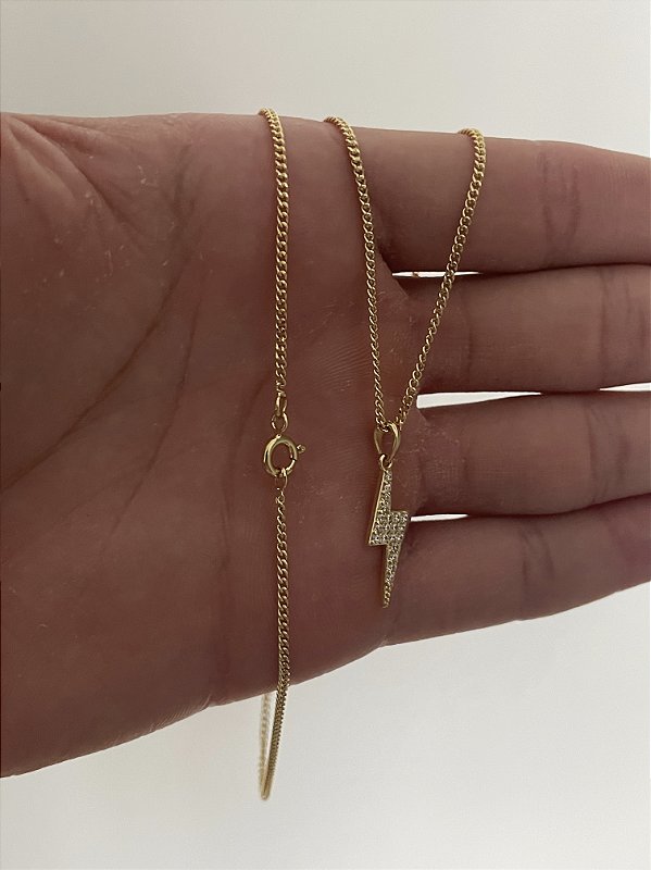 Corrente Grumet 1,4mm + Pingente Raio Cravejado Banhado A Ouro 18k COR014-PIN078