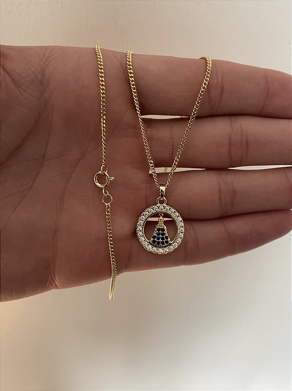 Corrente Grumet 1,4m + Pingente Nossa Senhora Cravejado Redondo Banhado A Ouro 18k COR014-PIN091