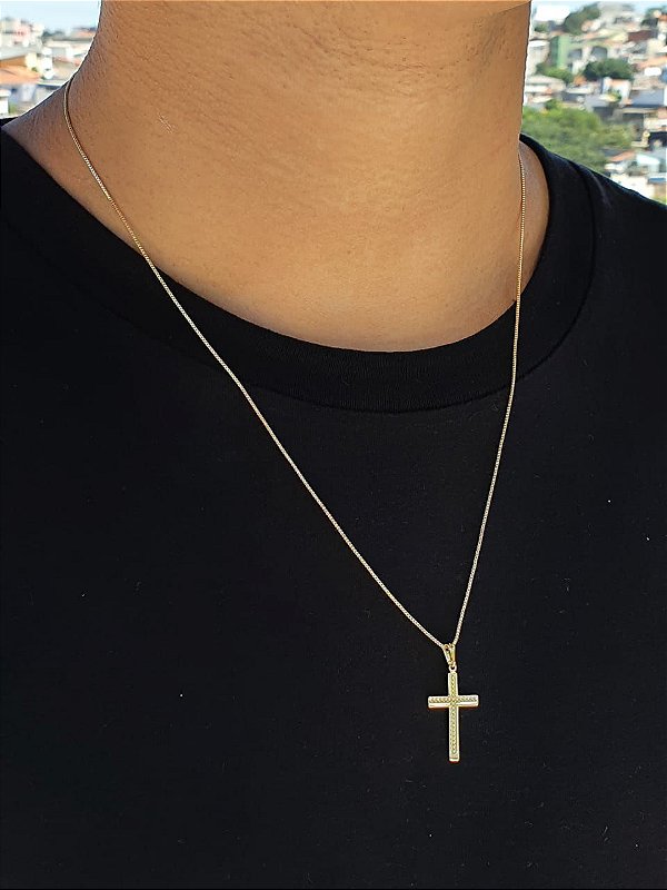 Corrente Veneziana 1,2mm Fecho Tradicional + Pingente Cruz Detalhe Pontinhos Banhada A Ouro 18k COR006-PI