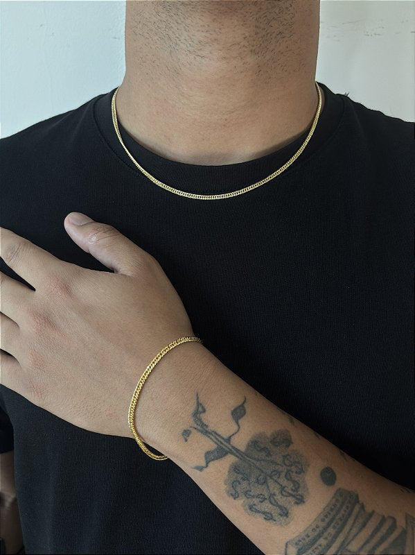 Kit Corrente Grumet Dupla + Pulseira Grumet Dupla 3mm Banhado A Ouro 18K