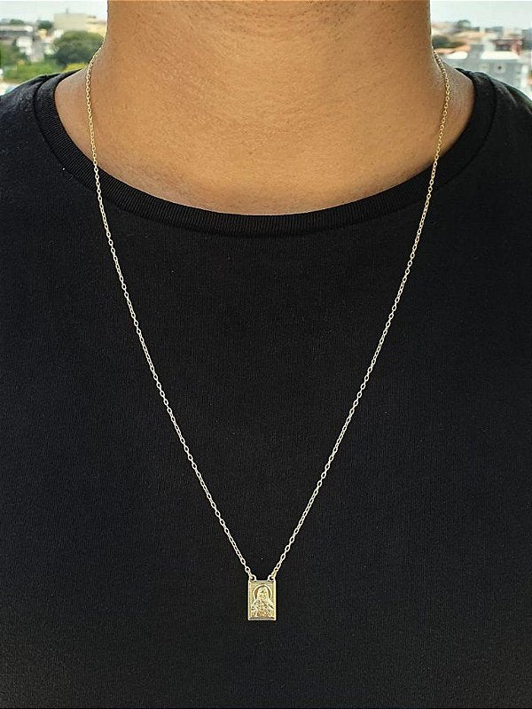 Escapulário Corrente Elo Cadeado Jesus-Nossa Senhora 10mmX14mm Banhado A Ouro 18k ESC009