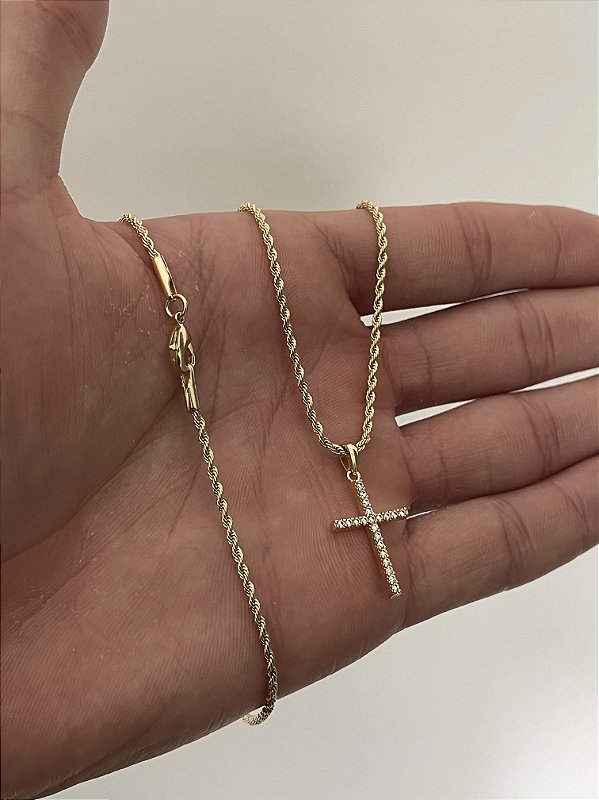 Corrente Cordão Baiano 1,6mm + Pingente Cruz Palito Chapada Cravejada Banhado A Ouro 18K COR003-PIN027