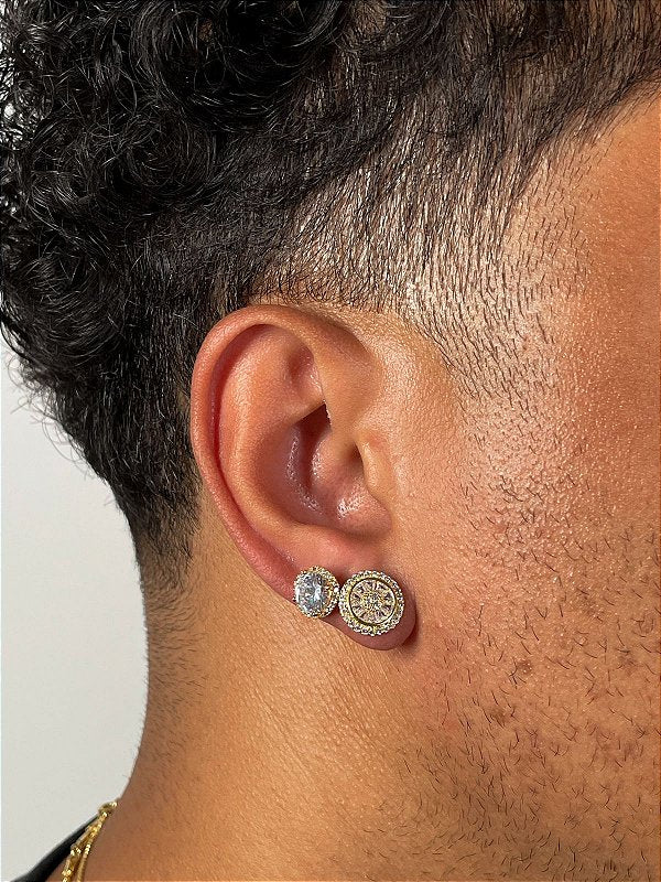 Kit Brinco Masculino Par Redondo Cravejado Pedra Retangular + Brinco Fílip Imperial Banhado A Ouro 18k BRI167-BRI