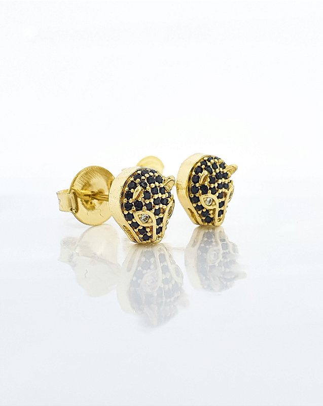 Brinco Masculino Par Tigre Com Pedra Preta Banhado A Ouro 18K BRI091