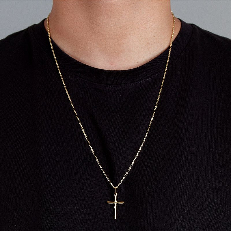 Corrente Elo Cadeado 2mm Fecho Tradicional + Pingente Cruz Palito Lisa Banhada A Ouro 18k COR011-PIN012