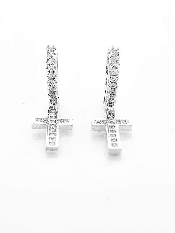 Brinco Masculino Par Argola Cravejada Com Cruz Pendurada Banhada A Ouro Branco BRI011