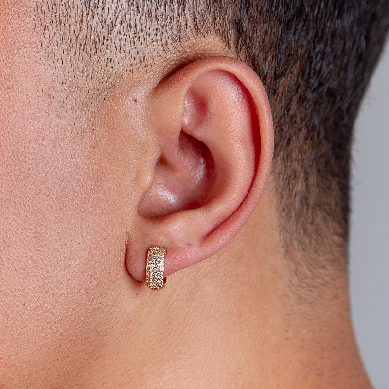 Brinco Masculino Par Argola Cravejada 4 Fileiras M Banhada A Ouro 18k BRI045