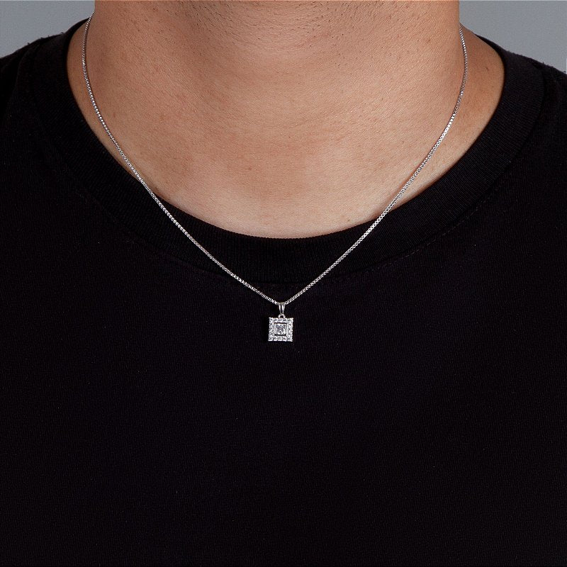 Corrente Veneziana 1mm + Pingente Quadrado Cravejado Banhado A Ouro Branco COR002-PIN008