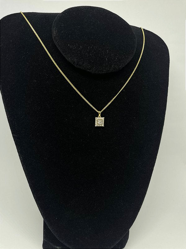 Corrente Grumet 1,4mm + Pingente Quadrado Cravejado Banhado A Ouro 18k COR014-PIN028