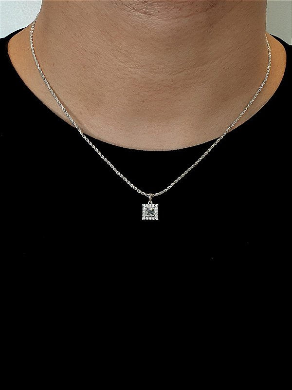 Corrente Cordão Baiano 1,6mm + Pingente Quadrado Cravejado Banhado A Ouro Branco BRI001-PIN008