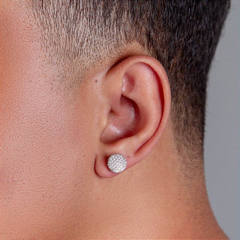 Brinco Masculino Par Redondo Cravejado Torre (9mm) Banhado A Ouro Branco BRI030