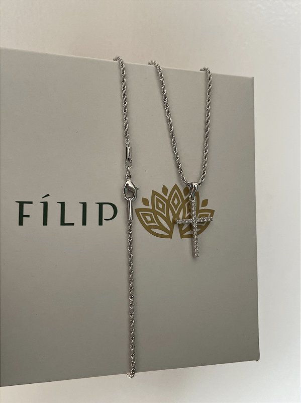 Corrente Cordão Baiano 1,6mm + Pingente Cruz Palito Chapada Cravejada Banhado A Ouro Branco COR001-PIN0