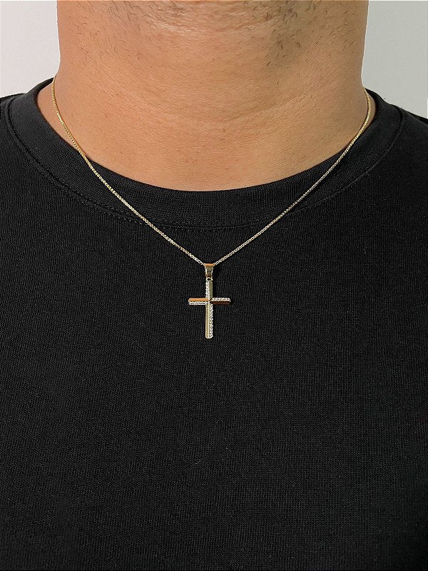 Corrente Veneziana 1mm + Pingente Cruz Linear Banhado A Ouro 18K COR009-PIN130