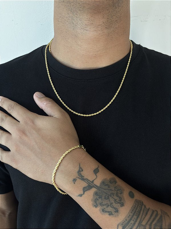 Kit Corrente Cordão Baiano + Pulseira Cordão Baiano 3mm Banhado A Ouro 18K