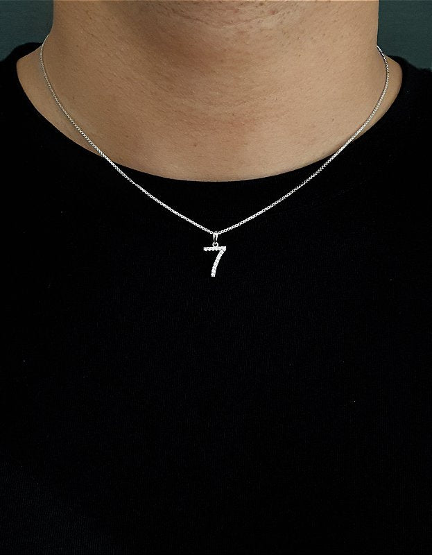 Corrente Veneziana 1mm Fecho Tradicional + Pingente Número 7 Cravejado Banhado A Ouro Branco COR002-PIN0
