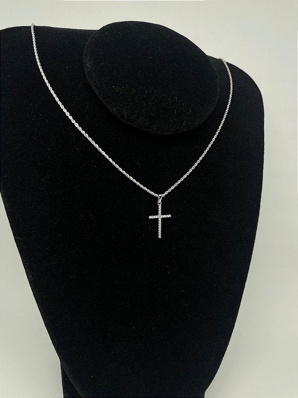 Corrente Cordão Baiano 1,6mm + Pingente Cruz Palito Chapada Cravejada Banhado A Ouro Branco COR001-PIN0