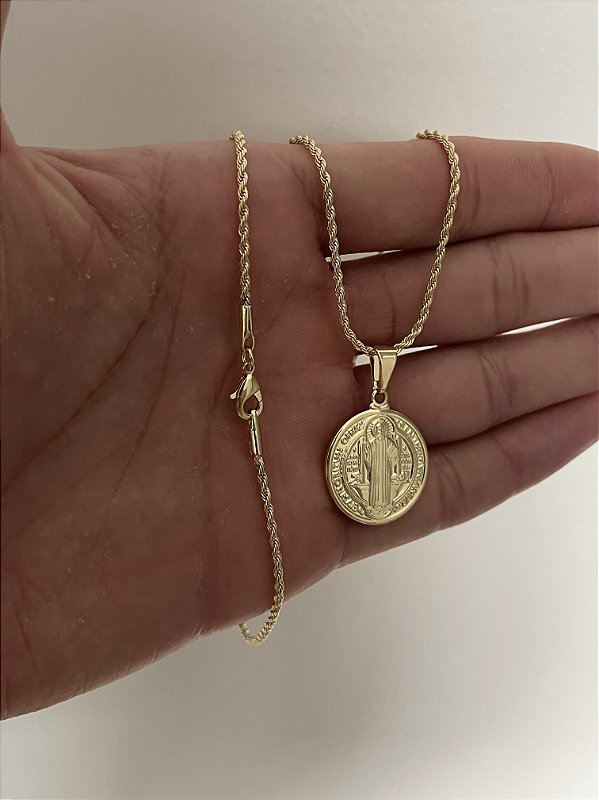 Corrente Cordão Baiano 1,6mm + Pingente São Bento Liso Banhado A Ouro 18k COR003-PIN135