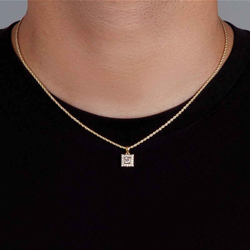 Corrente Cordão Baiano 1,6mm + Pingente Quadrado Cravejado Banhado A Ouro 18k COR003-PIN028