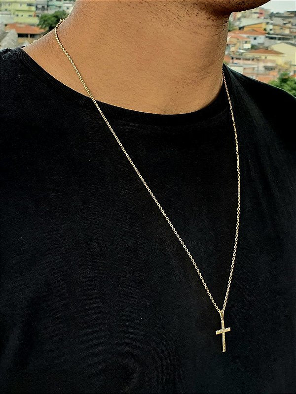 Corrente Elo Cadeado 2mm Fecho Tradicional + Pingente Cruz Detalhe Pontinhos Banhada A Ouro 18k COR011-PI
