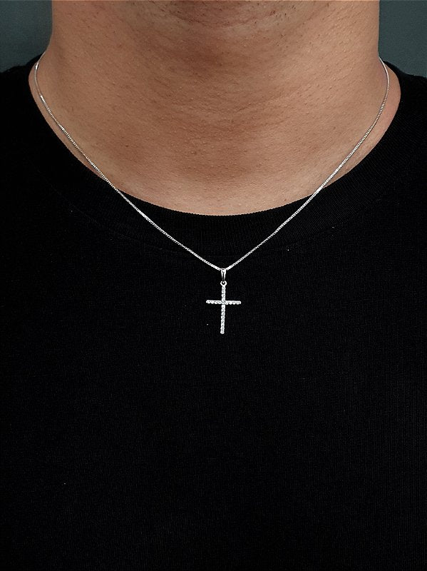 Corrente Veneziana 1mm + Pingente Cruz Palito Chapada Cravejada Banhado A Ouro Branco COR002-PIN009