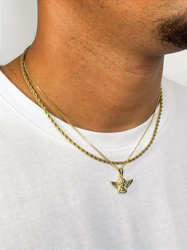 Kit Correntes Com Pingente Anjo Banhado A Ouro 18k COR014-PIN141-COR061