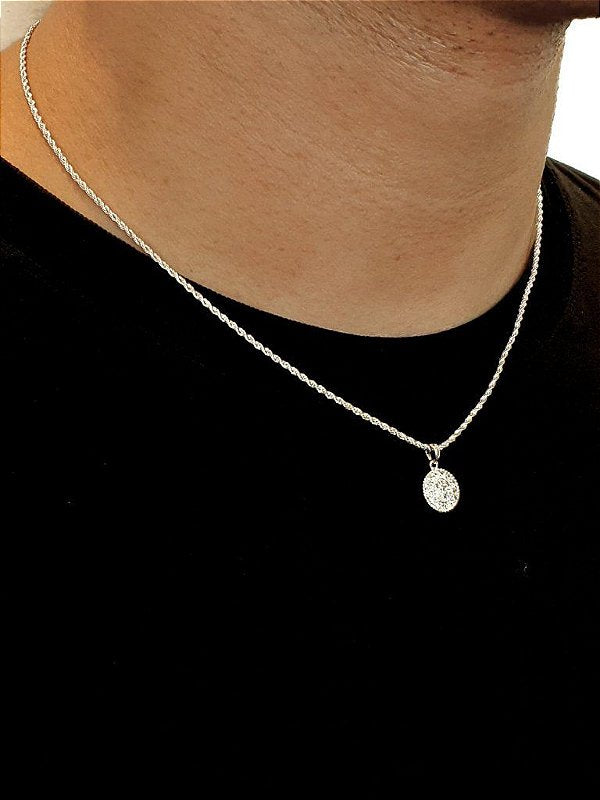 Corrente Cordão Baiano 1,6mm + Pingente Circulo Cravejado Banhado A Ouro Branco COR001-PIN010