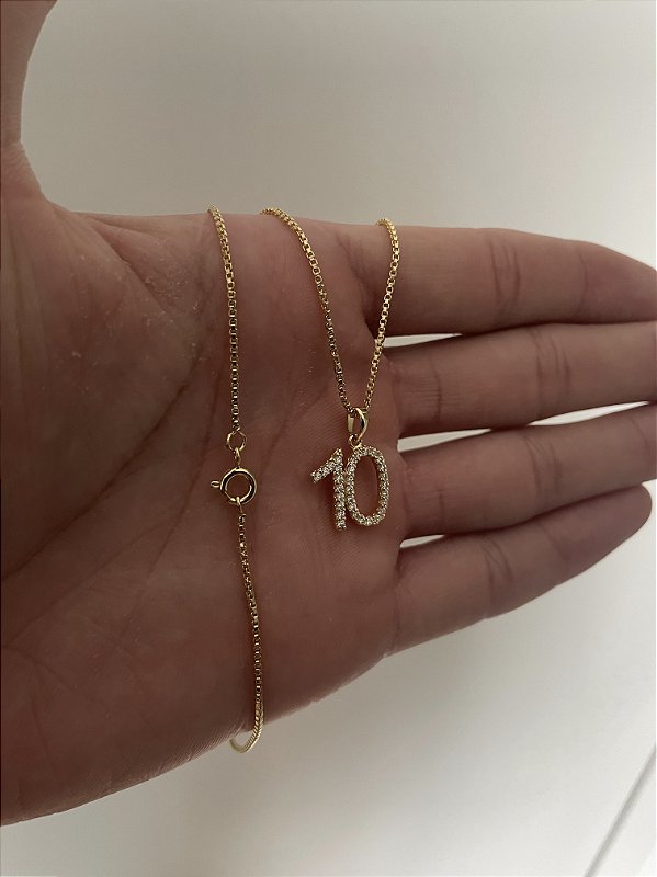 Corrente Veneziana 1mm Fecho Tradicional + Pingente Número 10 Cravejado Banhado A Ouro 18k COR009-PIN083