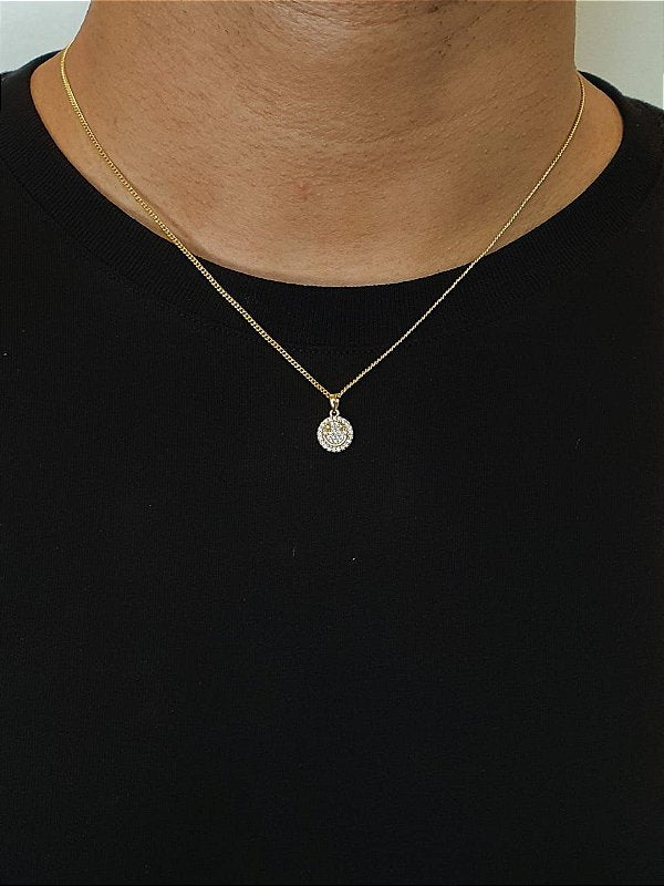 Corrente Grumet 1,4mm + Pingente Smile Redondo Cravejado Banhado A Ouro 18k COR014-PIN005