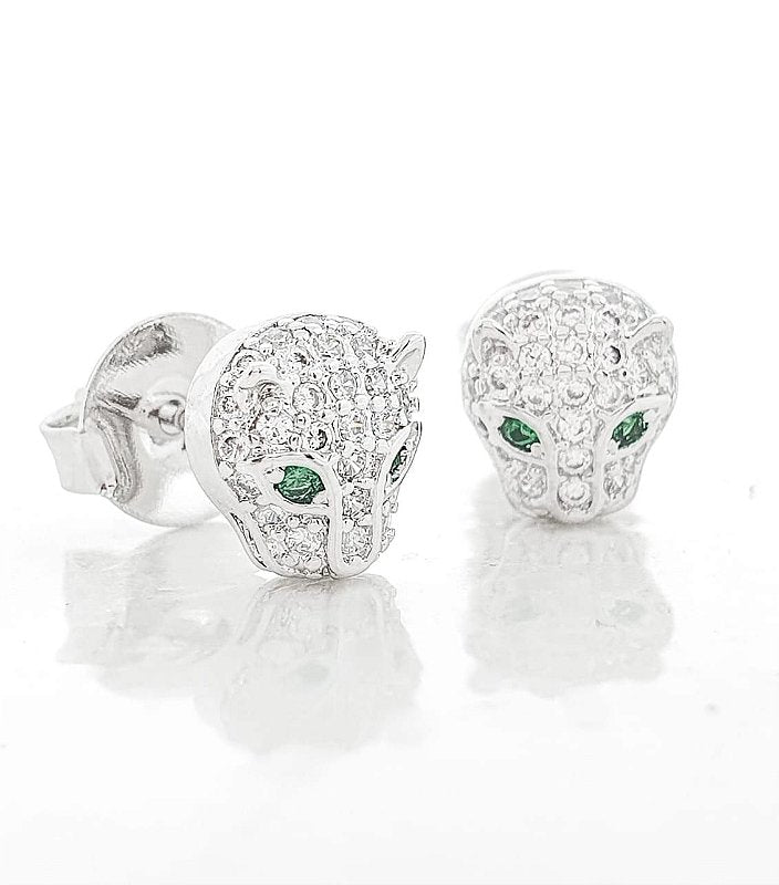 Brinco Masculino Par Tigre Olho Verde Banhado A Ouro Branco BRI007