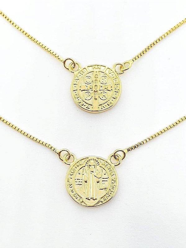 Escapúlario Corrente Veneziana São Bento Redondo Medalha 12mm Banhado a Ouro 18k ESC008
