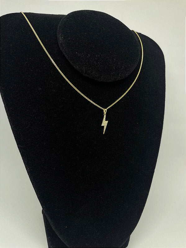 Corrente Grumet 1,4mm + Pingente Raio Cravejado Banhado A Ouro 18k COR014-PIN078