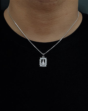 Corrente Veneziana 1mm + Pingente Nossa Senhora Cravejado Quadrado Banhado A Ouro Branco COR002-PIN088