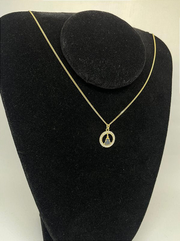 Corrente Grumet 1,4m + Pingente Nossa Senhora Cravejado Redondo Banhado A Ouro 18k COR014-PIN091