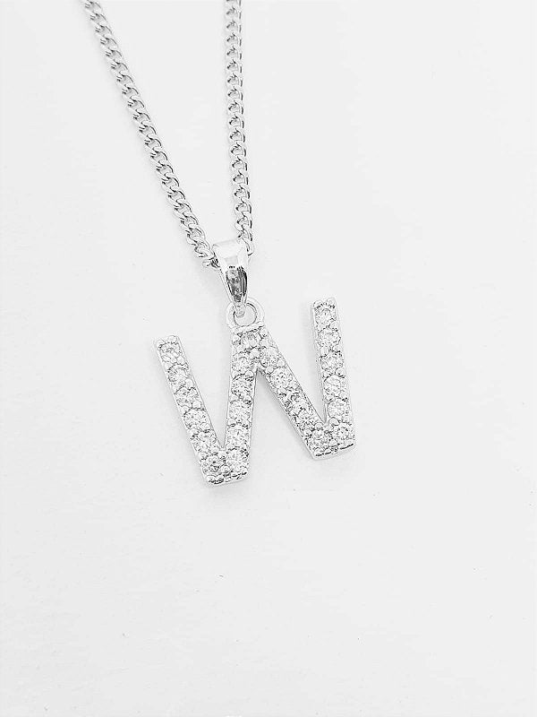 Pingente Cravejado Letra W Banhado A Ouro Branco PIN035