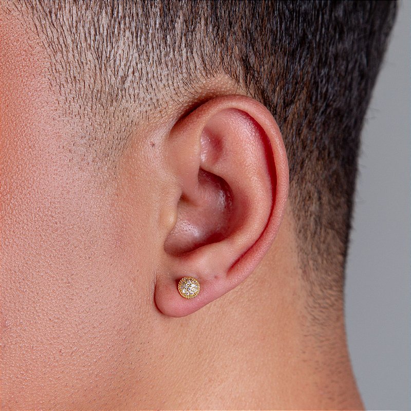 Brinco Masculino Par Redondo Cravejado P Banhado A Ouro 18k BRI109