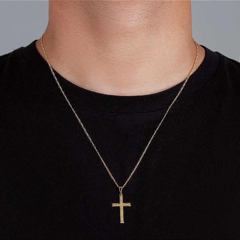 Corrente 3 por 1  1,4mm Fecho Tradicional + Pingente Cruz Detalhe Pontinhos Banhada A Ouro 18k COR020-PIN