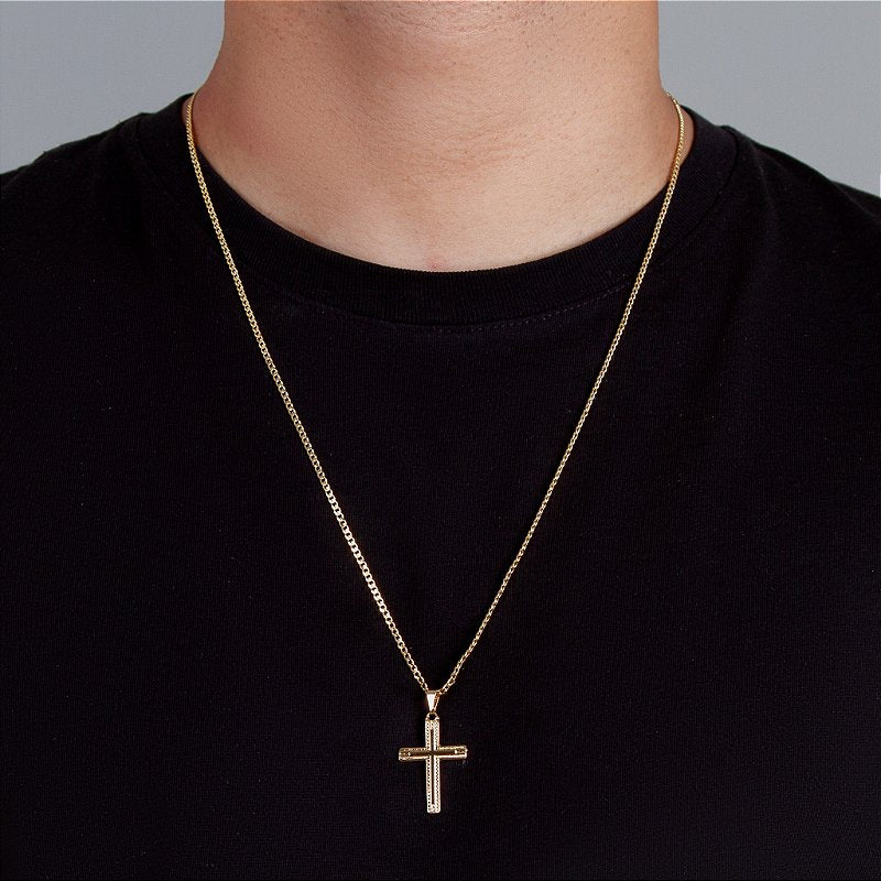 Corrente Grumet 2mm Fecho Tradicional + Pingente Cruz Detalhada Banhado A Ouro 18k COR010-PIN006