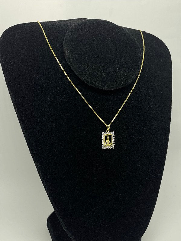 Corrente Veneziana 1mm + Pingente Nossa Senhora Cravejado Quadrado Banhado A Ouro 18k COR009-PIN089