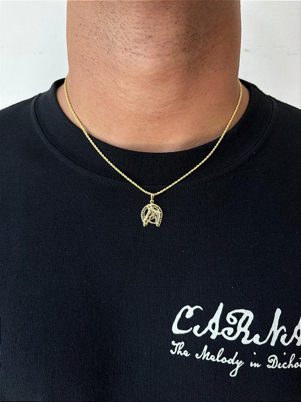 Corrente Cordão Baiano 1,6mm + Pingente Cavalo Ferradura Banhado A Ouro 18k COR003-PIN136