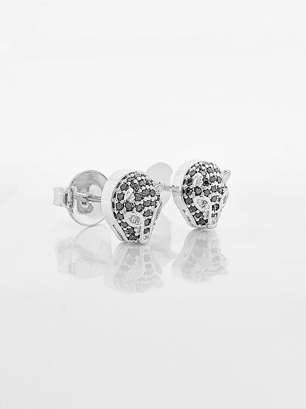 Brinco Masculino Par Tigre Com Pedra Preta Banhado A Ouro Branco BRI097