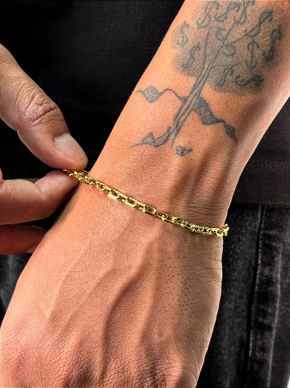 Pulseira Elo Cadeado 4mm Fecho Bomba Banhada A Ouro 18K PUL065