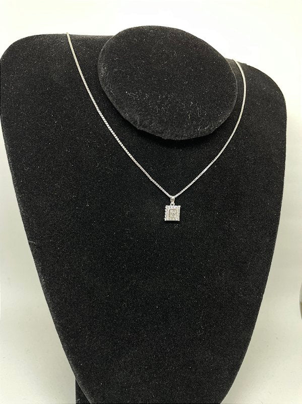Corrente Veneziana 1mm + Pingente Quadrado Cravejado Banhado A Ouro Branco COR002-PIN008