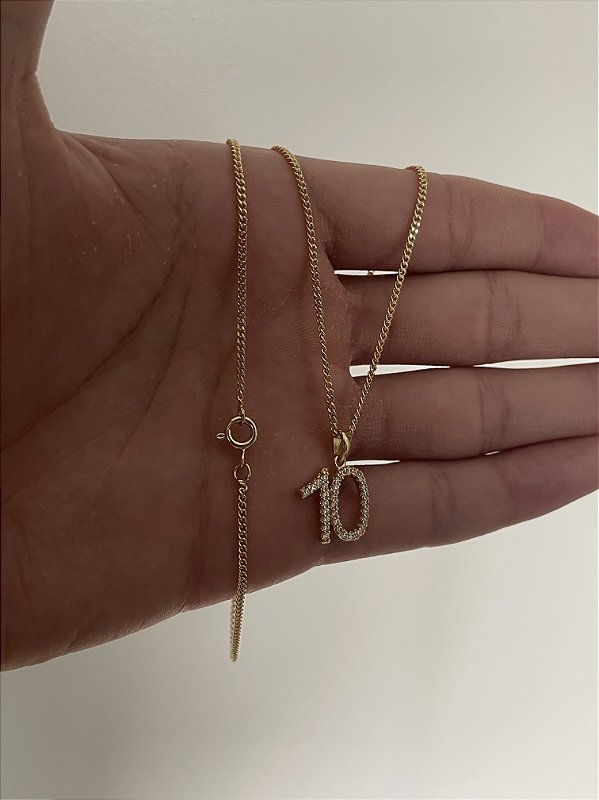 Corrente Grumet 1,4mm + Pingente Número 10 Cravejado Banhado A Ouro 18k COR014-PIN083
