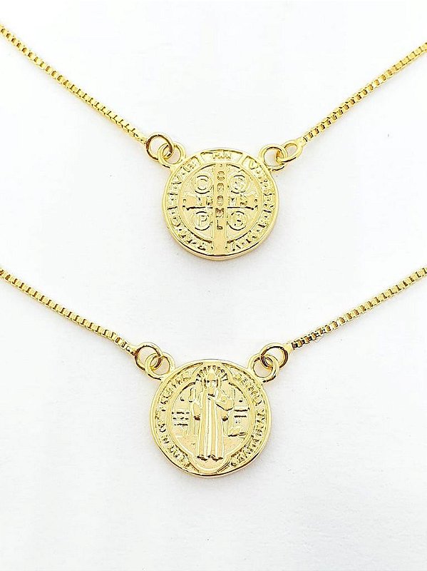 Escapúlario Corrente Veneziana São Bento Redondo Medalha 12mm Banhado a Ouro 18k ESC008