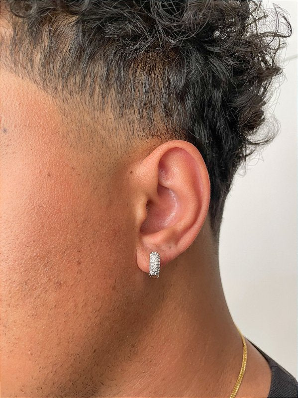 Brinco Masculino Par Argola Cravejada 3 Fileiras Banhada A Ouro Branco BRI155