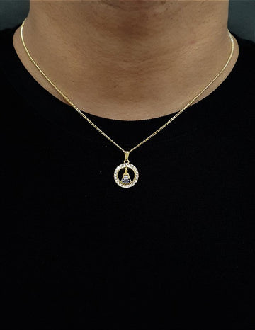 Corrente Grumet 1,4m + Pingente Nossa Senhora Cravejado Redondo Banhado A Ouro 18k COR014-PIN091